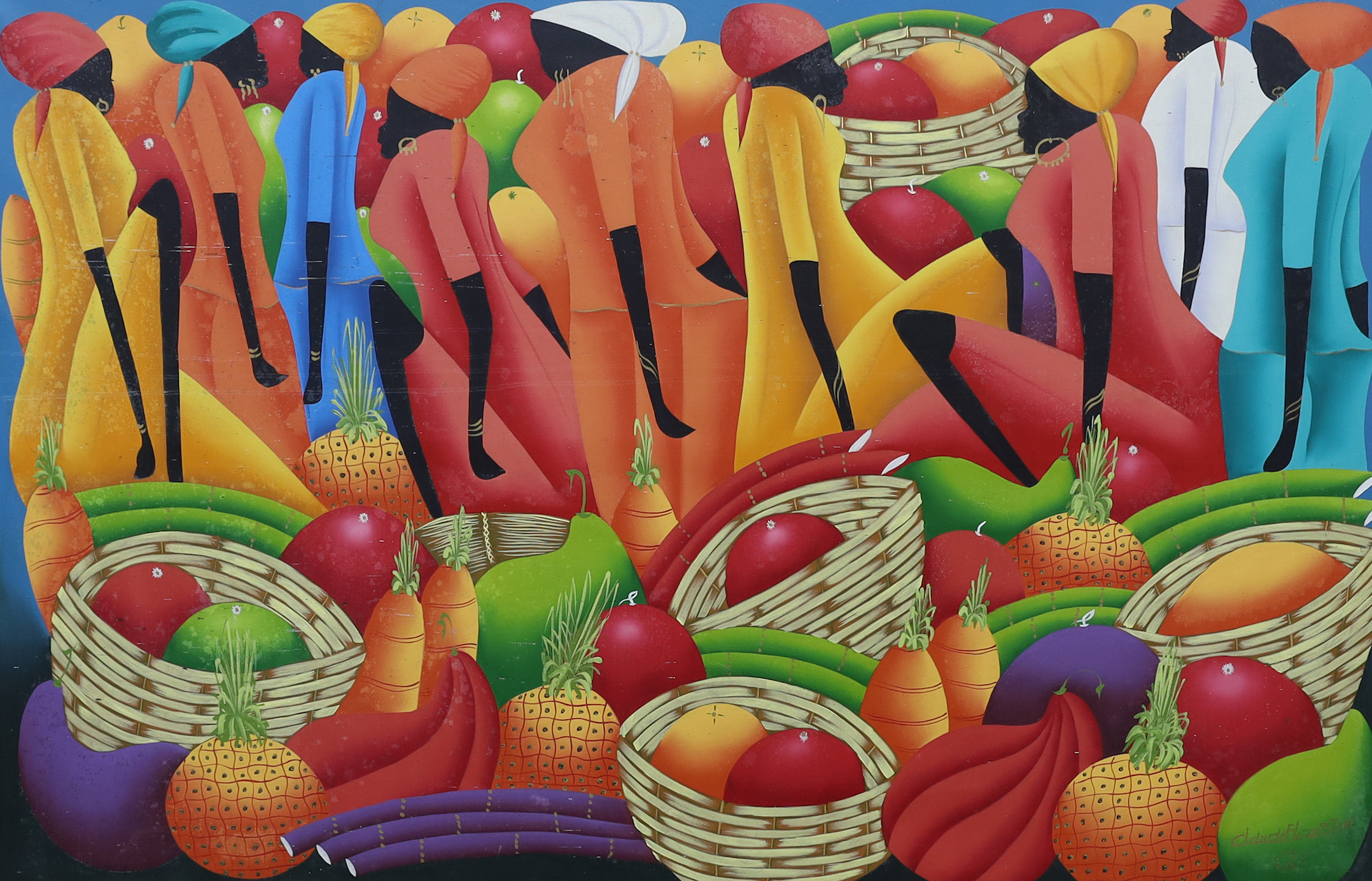Claude Florestin (Haitian, 20th. C), large oil on canvas, Figures and fruit, signed, 98 x 150cm